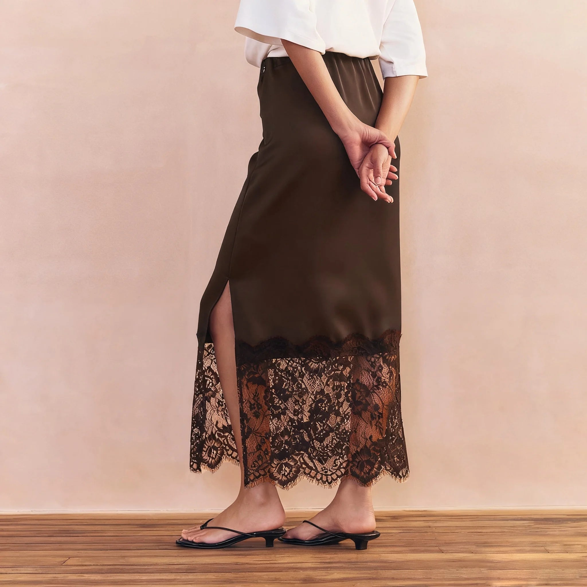 SOERA Cheska Lace Hem Satin Long Skirt with Slit - Skirts - 1005010102307758-;xR1775031590769785203 Navy S