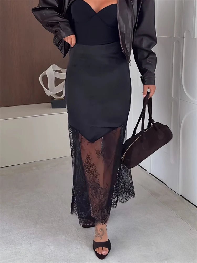 SOERA Diane Satin Lace Maxi Skirt - Skirts - 3256809822824212-;sA1765494891639558520 Brown S