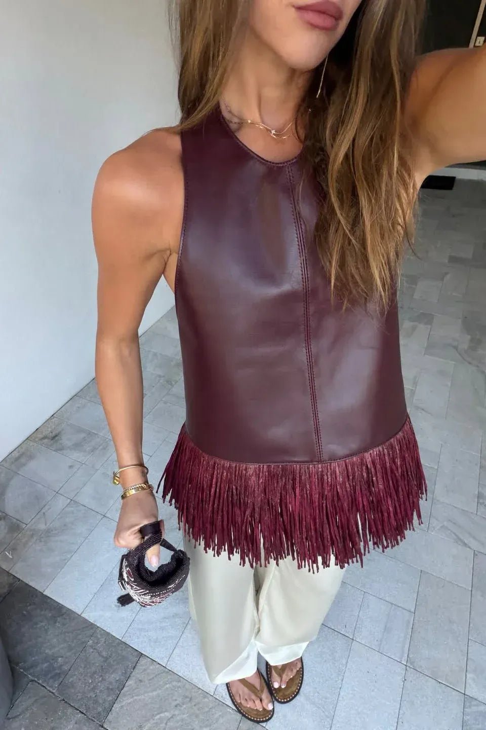SOERA Sierra Faux Leather Fringe Halter Top - Top - SOERA-914499-M-BURGUN-35267 Burgundy M