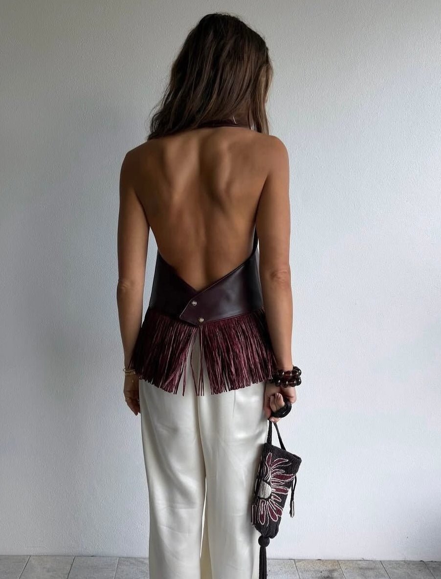 SOERA Sierra Faux Leather Fringe Halter Top - Top - SOERA-914499-S-BURGUN-69731 Burgundy S