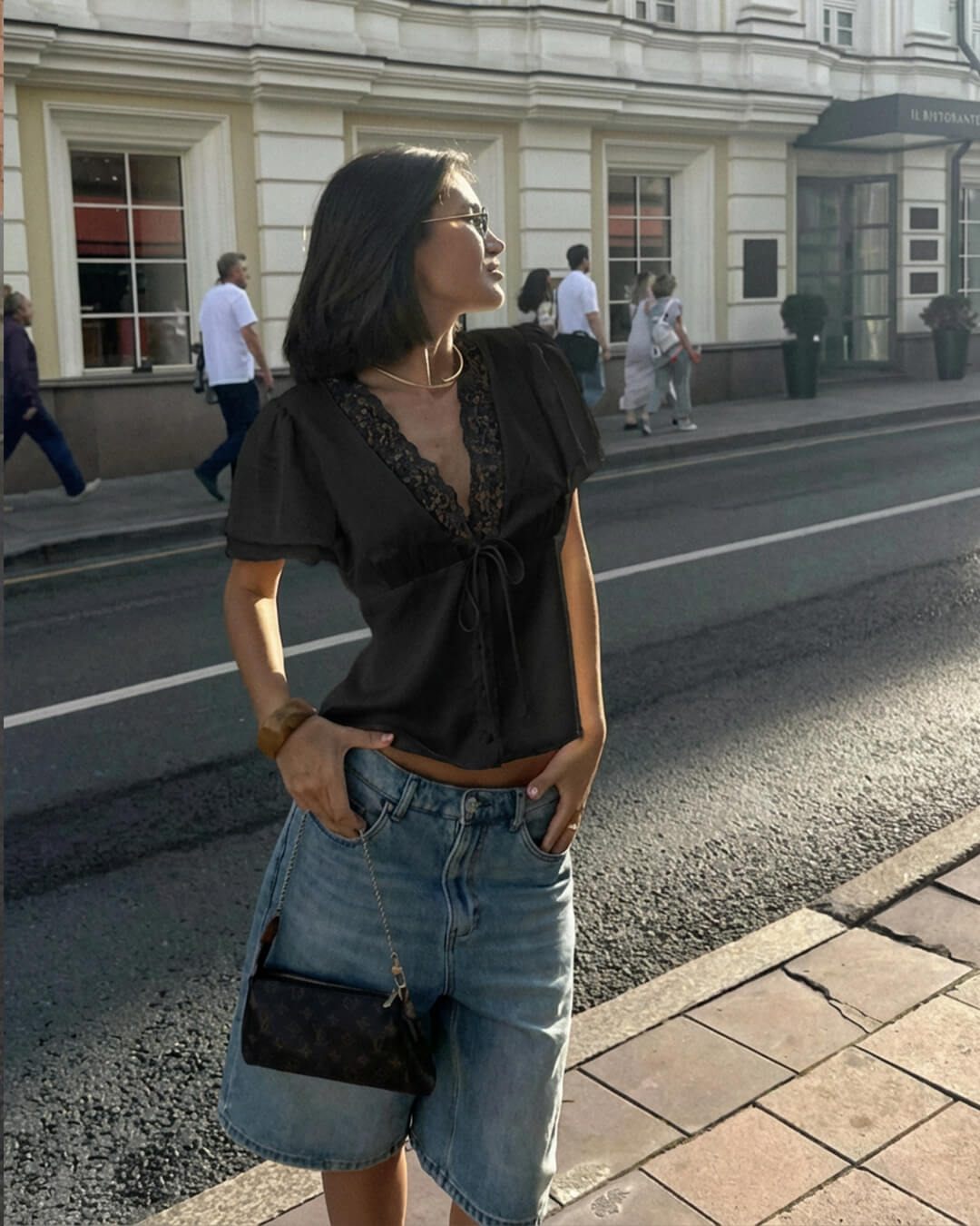 SOERA Rosette Lace Short Sleeve V - Neck Top - Tops - 1005009525072997-;cI1769414230043259212 Black M