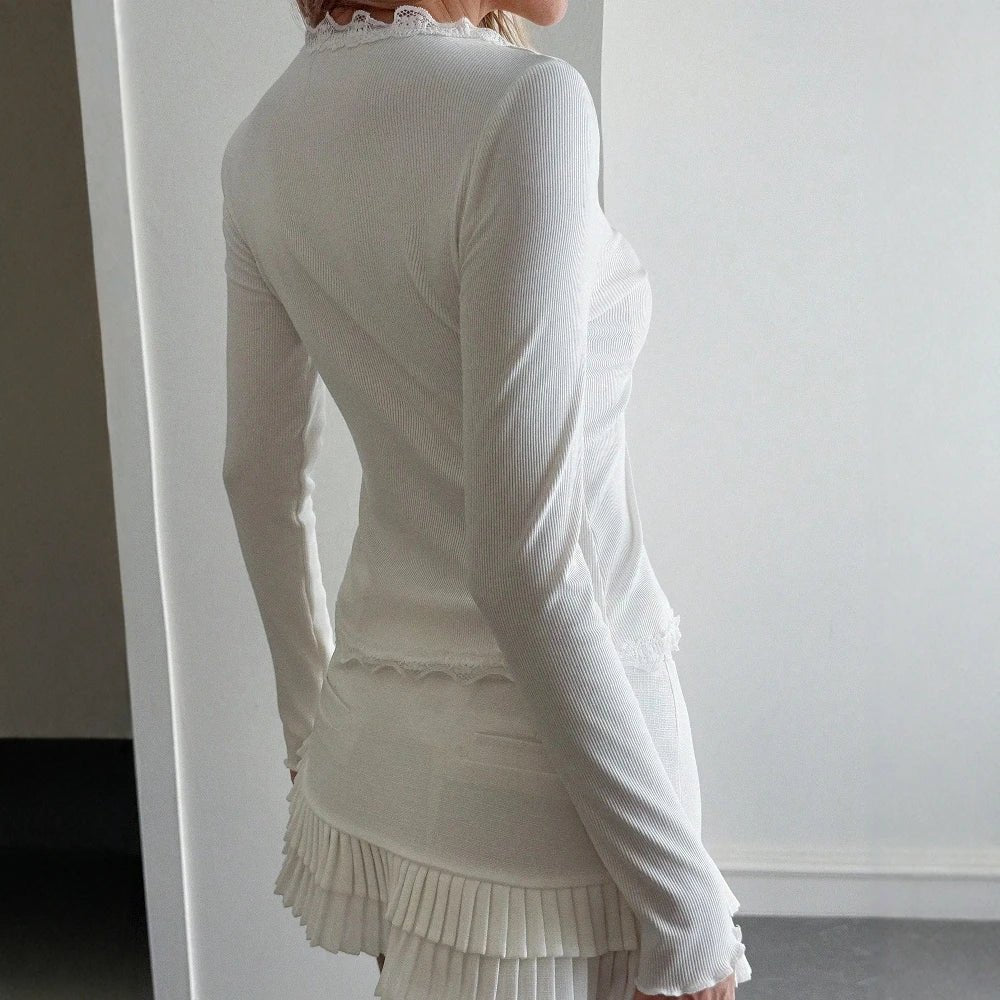 SOERA Roxana Ribbed Lace Trim V-Neck Blouse - Tops -  White S